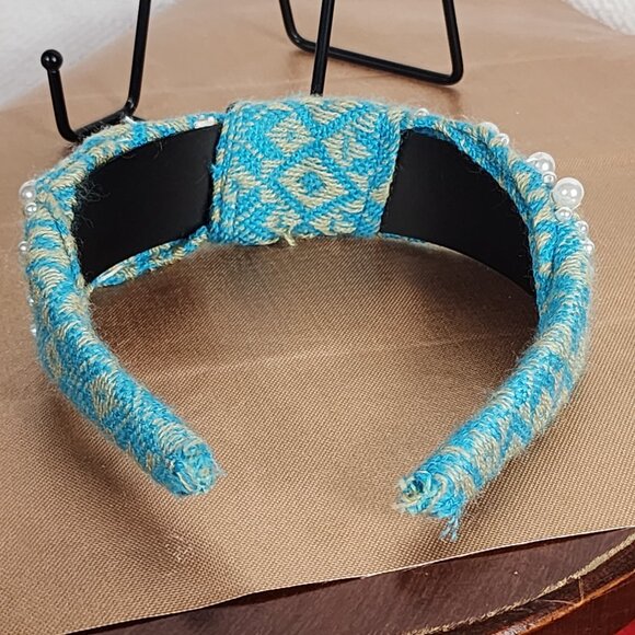 Handmade Poly Turquoise Sweater Material White Faux Pearl Embellished Headband - Picture 16 of 16